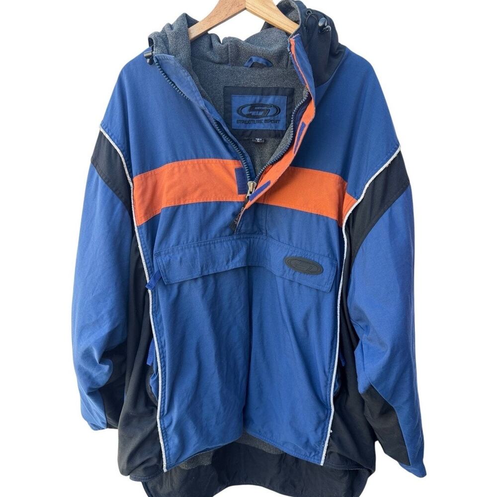 Structure Sport Hooded Pullover Jacket Mens Large Blue Orange Windbreakere